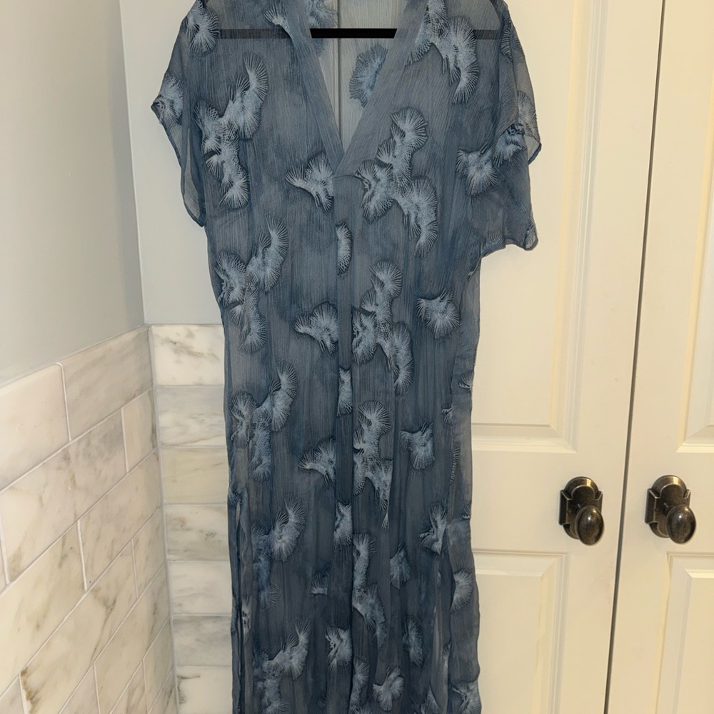 Blue Floral Print V-Neck Women's Sheer Coverup